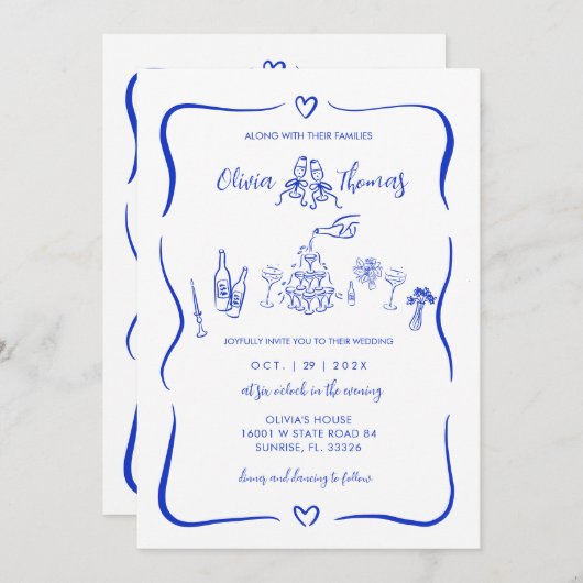 Main Bleue Tiré Whimsical Wedding Invitations (Devant / Derrière)