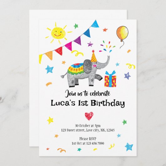 Main éléphante tirée première invitation anniversa (Devant / Derrière)