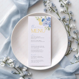 Main Squeeze Blauwe Bloemen Citroen Bruiloftsmenu Menu