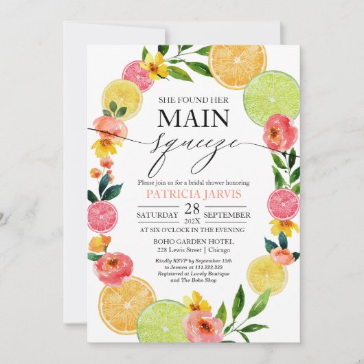 Main Squeeze Citrus Floral Vrijgezellenfeest Kaart (Voorkant)