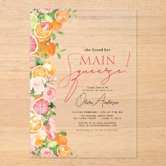 Main Squeeze Citrus Vrijgezellenfeest Sinaasappel Acryl Uitnodigingen (Voorkant)