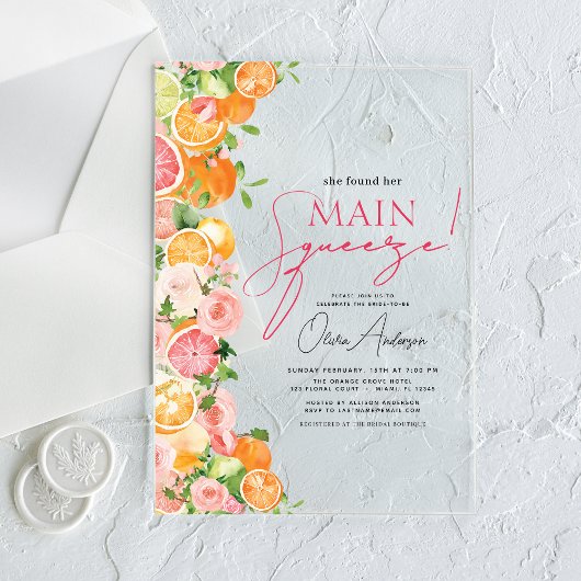 Main Squeeze Citrus Vrijgezellenfeest Sinaasappel Acryl Uitnodigingen