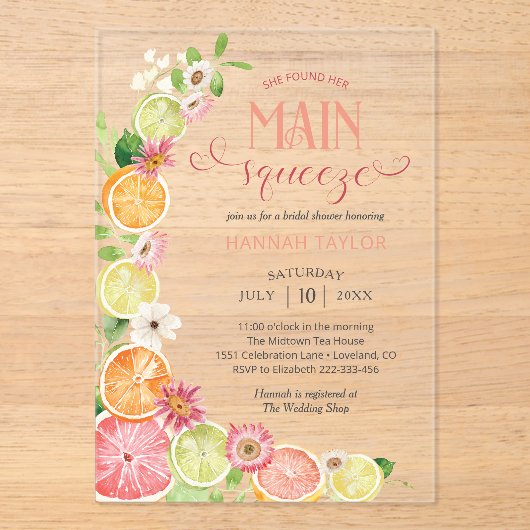 Main Squeeze Citrus Zomer Vrijgezellenfeest Acryl Uitnodigingen (Voorkant)