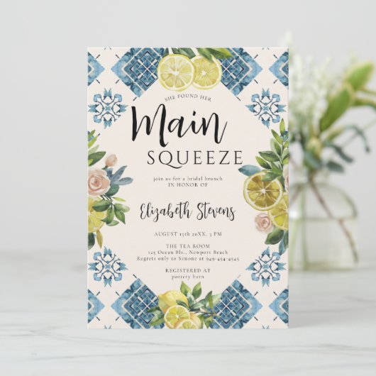 Main Squeeze Lemons Rozen Blauwe Tegels Vrijgezell Kaart (Staand voorkant)