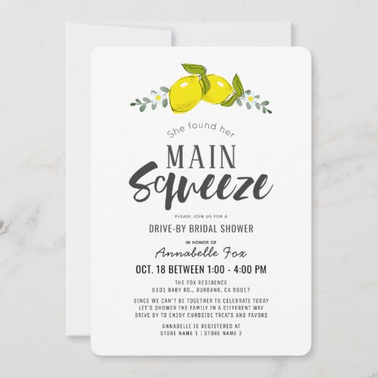 Main Squeeze Simple Lemon Drive-by Vrijgezellenfee Kaart (Voorkant)