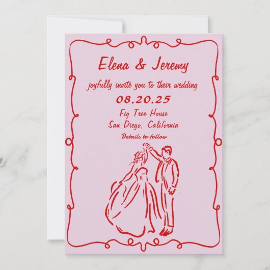 Main Whimsical tirée rose Faire-part de mariage (Devant)