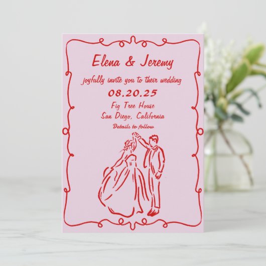 Main Whimsical tirée rose Faire-part de mariage (Debout devant)