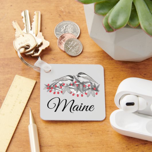 Maine Chickadee Vogel Winter Kerstvakantie Sneeuw Sleutelhanger (Bureau)