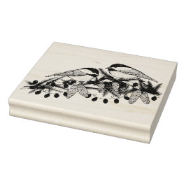 Maine Chickadee Vogels Pine Branch Sneeuw Kerstmis Rubberstempel
