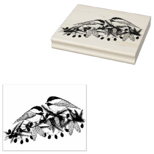 Maine Chickadee Vogels Pine Branch Sneeuw Kerstmis Rubberstempel