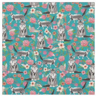 maine coon cat florals turquoise stof