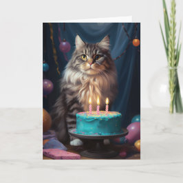 Maine Coon Cat met Verjaardagstaart Kaart