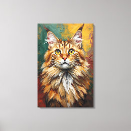 Maine Coon Cat Portret Levendige olieverfschilderi Canvas Afdruk
