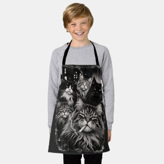 Maine Coon Crew Zwart en Wit Grunge Kat Kunst Schort