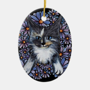 Maine Coon Dilute Calico Cat Paars Daisy Keramisch Ornament