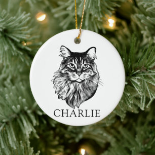 Maine Coon Kat Hand Tekening Gepersonaliseerd Keramisch Ornament