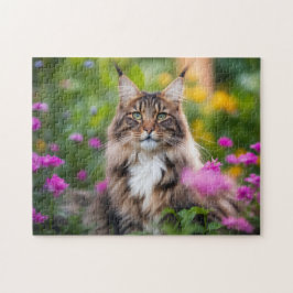 Maine Coon Kat in Bloemenveld Legpuzzel