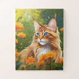 Maine Coon Kat in Bloemenveld Legpuzzel