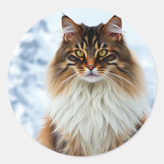 Maine Coon kat in een besneeuwde wildernis portret Ronde Sticker (Voorkant)