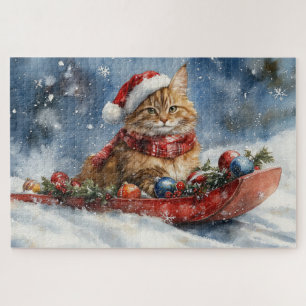 Maine Coon Kat in Slede Laat het Sneeuwen Kerstmis Legpuzzel