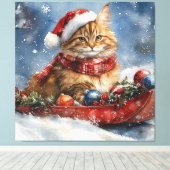Maine Coon Kat in Sledge Laat het Sneeuw Kerstmis Canvas Afdruk (Insitu (Houten vloer))
