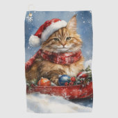 Maine Coon Kat in Sledge Laat het Sneeuw Kerstmis Golfhanddoek (Voorkant)