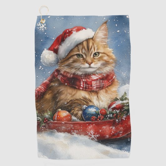 Maine Coon Kat in Sledge Laat het Sneeuw Kerstmis Golfhanddoek (Voorkant)