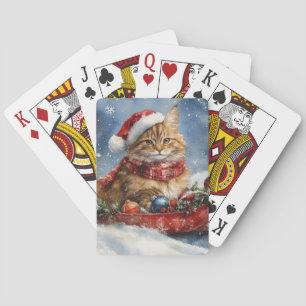 Maine Coon Kat in Sledge Laat het Sneeuw Kerstmis Pokerkaarten