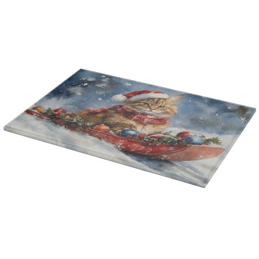 Maine Coon Kat in Sledge Laat het Sneeuw Kerstmis Snijplank (Hoek)