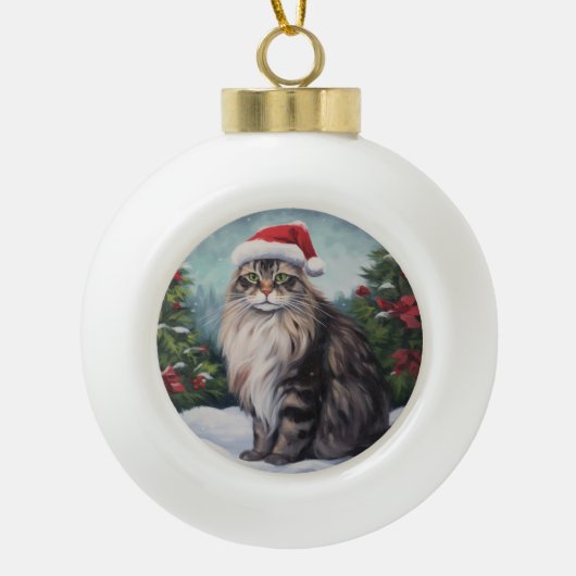 Maine Coon Kat in Sneeuw Kerstmis Keramische Bal Ornament (Voorkant)