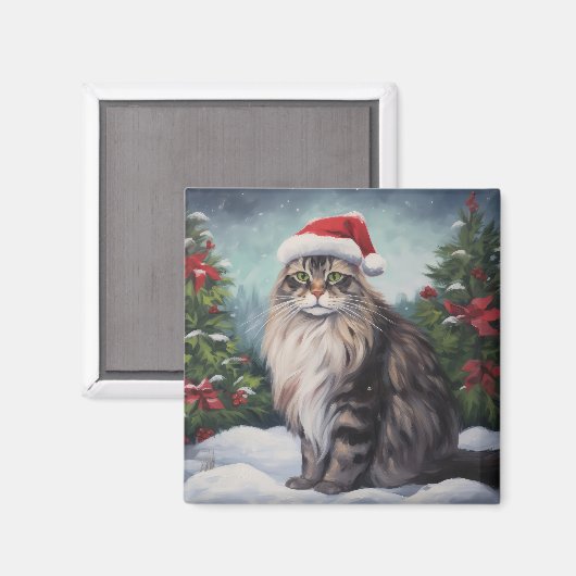 Maine Coon Kat in Sneeuw Kerstmis Magneet (Voorkant / Achterkant)