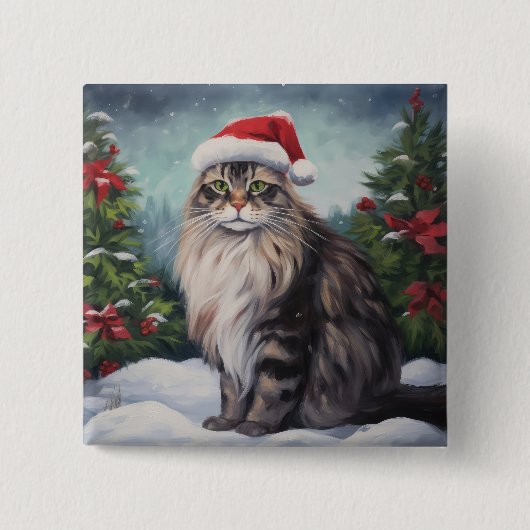 Maine Coon Kat in Sneeuw Kerstmis Vierkante Button 5,1 Cm (Voorkant)