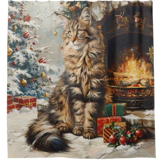 Maine Coon Kat Kerst  Douchegordijn (Voorkant)