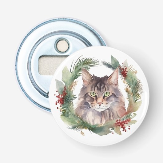 Maine Coon Kat Kerstkrans Feestelijke Kitten Button Flesopener (Voorkant)