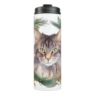 Maine Coon Kat Kerstkrans Festieve Kitten Thermosbeker