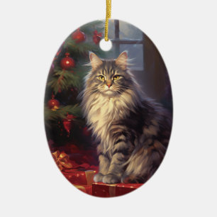 Maine Coon kat Kerstmis Keramisch Ornament