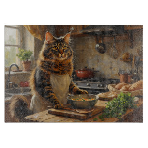 Maine Coon kat kookt in de keuken Snijplank