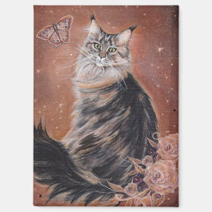 Maine coon kat met bloemen kunst van Renee Magneet
