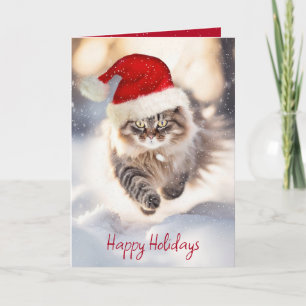 Maine Coon Kat Met Kerstman Hoed Feestdagen Kaart