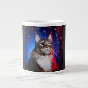 Maine Coon Kat Met Rode Witte Blauwe Aura En Sterr Extra Grote Beker