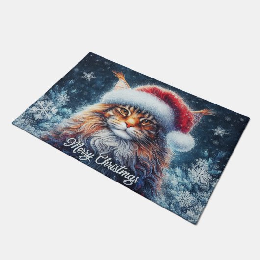 Maine Coon Kat met Santa Hoed Vrolijk Kerstfeest Deurmat (Schuin)