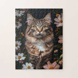 Maine Coon Kat Omgeven Door Bloemen Legpuzzel