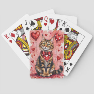 Maine Coon Kat Valentijnsdag Zittend met Harten Ro Pokerkaarten