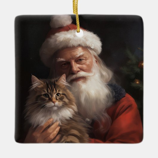 Maine Coon Met Sinterklaas Feestelijke Kerstmis Keramisch Ornament (Voorkant)