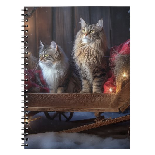 Maine Coon Sneeuwsleebord Kerstdecoratie Notitieboek (Voorkant)