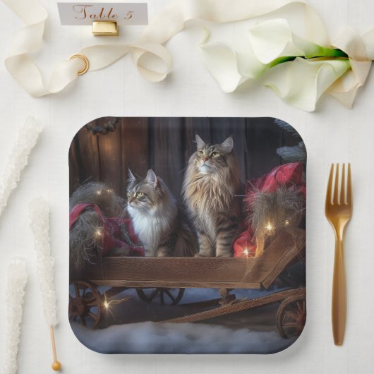 Maine Coon Snowy Sleigh Kerst Decor Papieren Bordje (Huwelijk)