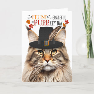 Maine Coon Tabby Cat Dankbaar voor PURRkey Day Feestdagen Kaart