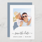 Maine Map Photo Wedding Save the Date Card Blue (Voorkant / Achterkant)