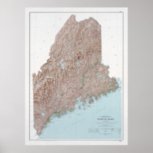 Maine Relief Map (1977) De Pine Tree State Poster