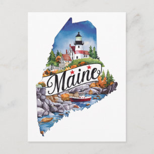 Maine USA Staat Vorm Oude Waterverf Briefkaart
